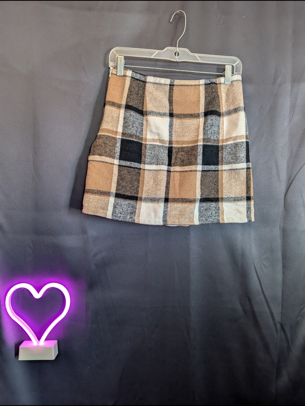 Plaid Mini Skirt in Beige and Black Medium Spring Zip Up